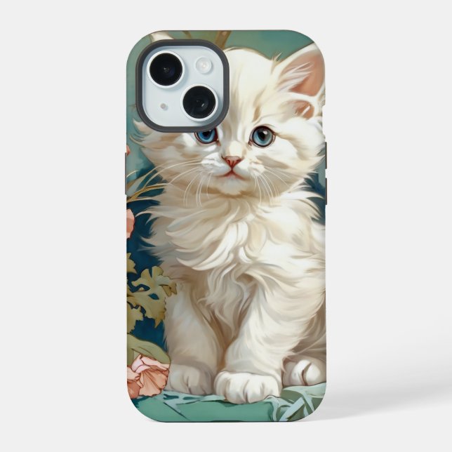 Coque iPhone 15 Alphonse Mucha Style Chat blanc (Verso)