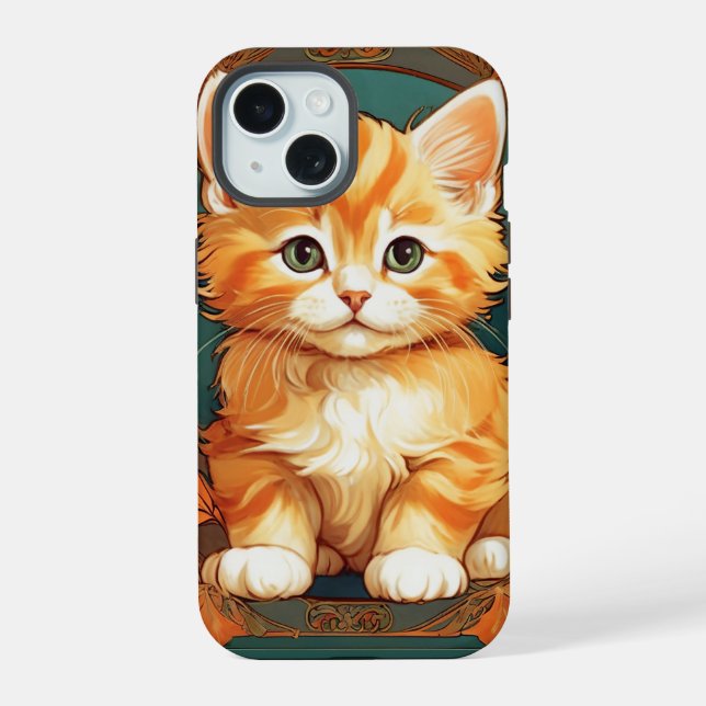 Coque iPhone 15 Alphonse Mucha Style Chat orange (Verso)