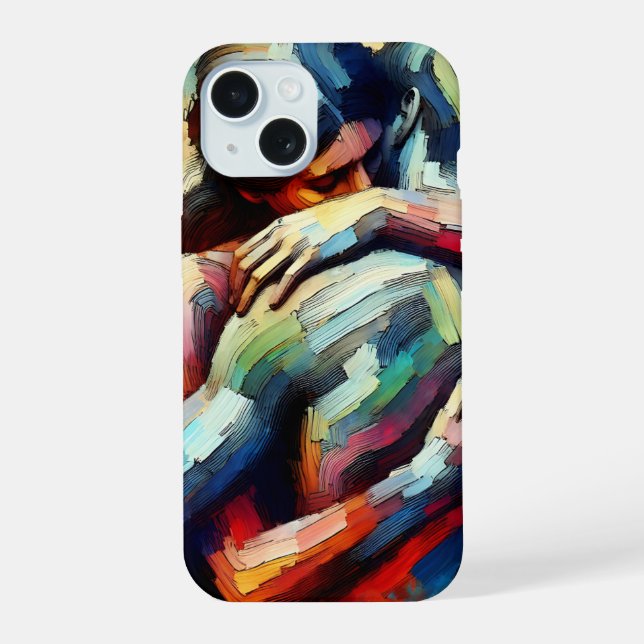 Coque iPhone 15 Amants s'étreignant dans le style de peinture à l' (Verso)
