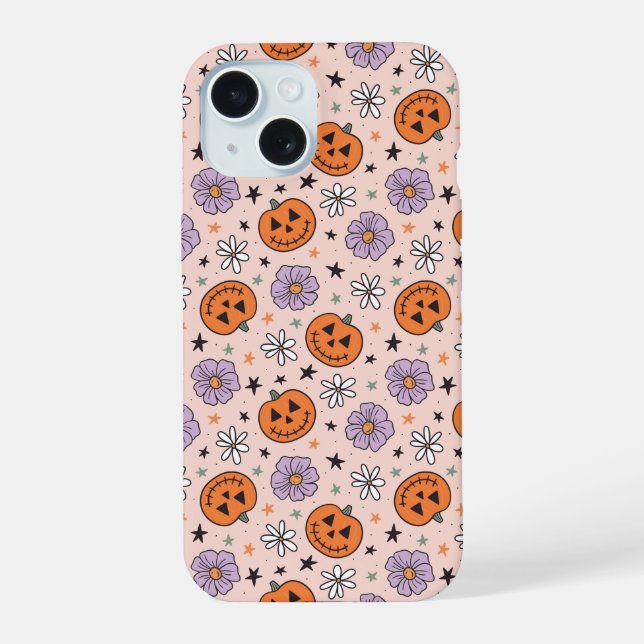 Coque iPhone 15 Amusants Citrouilles d'Halloween et Fleurs Motif (Verso)