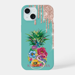Coque iPhone 15 Ananas Vert Menthe Paillettes Doré Rose Élégant Go
