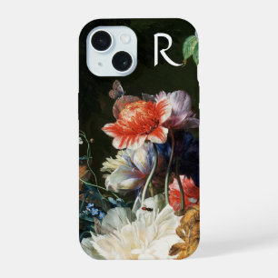 COQUE iPhone 15 ANÉMONES ROSES ROUGES FLEURS BLANCHES, MONOGRAMME