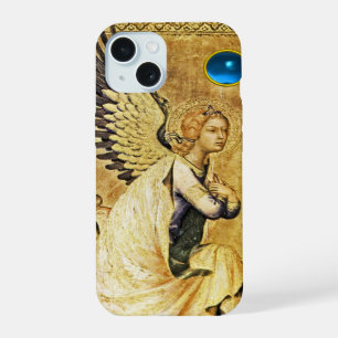Coque iPhone 15 ANGE DE L'ANNONCIATION EN OR ET BLEU,Parchemin