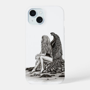 Coque iPhone 15 Ange , perdu dans ses pensées , Design noir et bla