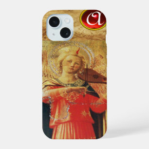 Coque iPhone 15 ANGE SURNATUREL EN ROUGE ET OR Monogramme de pierr