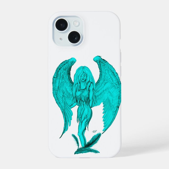 Coque iPhone 15 Angel, Noir et Vert design (Verso)