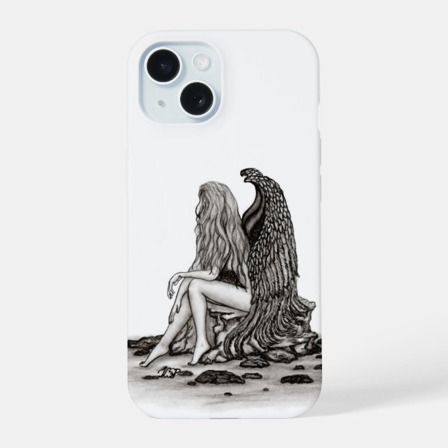 Coque iPhone 15 Angel, perdu dans la pensée, noir et blanc Design (Verso)