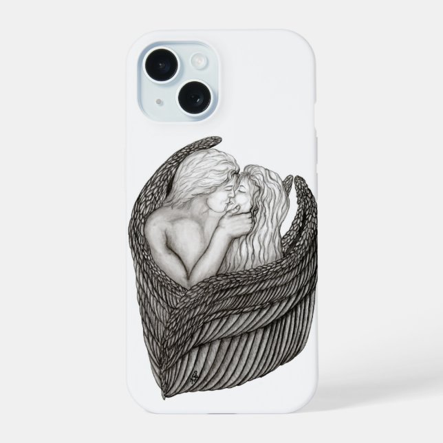 Coque iPhone 15 Angels Kissing, noir et blanc Design (Verso)