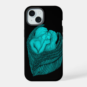 Coque iPhone 15 Angels Kissing, noir et vert Design