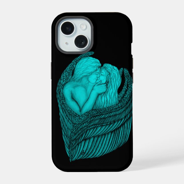 Coque iPhone 15 Angels Kissing, noir et vert Design (Verso)