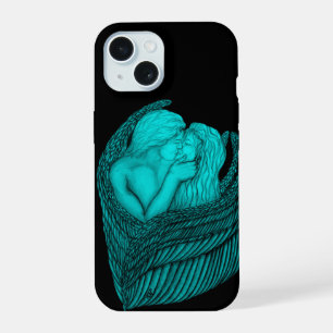 Coque iPhone 15 Anges qui s'embrassent, design noir et vert