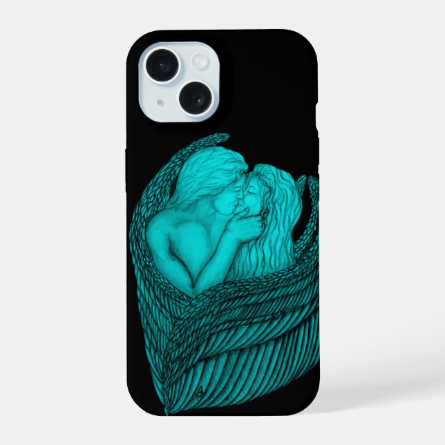 Coque iPhone 15 Anges qui s'embrassent, design noir et vert (Verso)