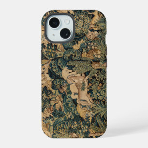 Coque iPhone 15 ANIMAUX FANTASTIQUES,CHEVAUX,Floral Bois Bleu Vert