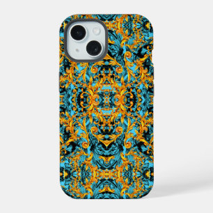COQUE iPhone 15 AQUA BLEU IMPRESSION ITALIENNE BAROQUE ORNEMENTALE