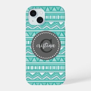 Coque iPhone 15 Aqua et Charcoal Aztec Chevron Monogramme personna