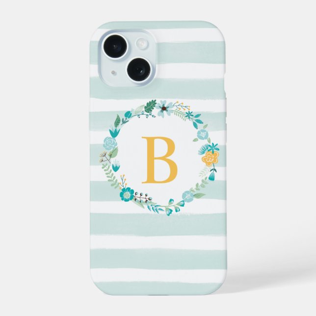 Coque iPhone 15 Aqua et Monogramme floral jaune (Verso)