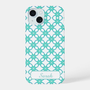 Coque iPhone 15 Aqua et sarcelle Géométrique Floral Nom personnali