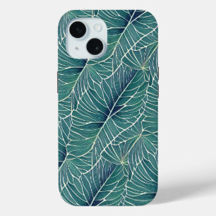 Coque iPhone 15 Aquarelle Bleu Vert Turquoise Tropical Feuille Mot