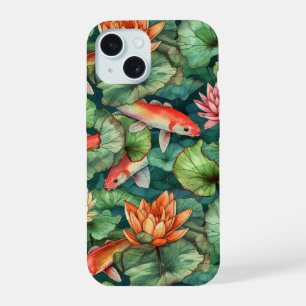 Coque iPhone 15 Aquarelle Carpes Koï et Nymphéas à peine là
