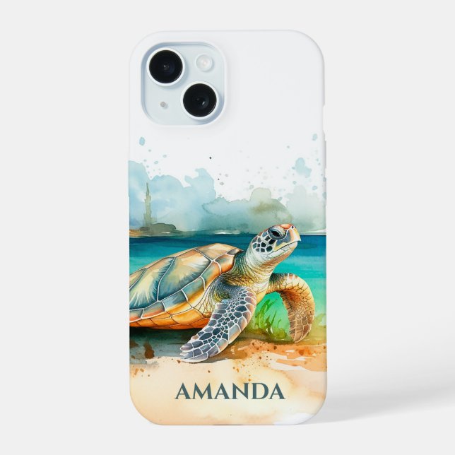 Coque iPhone 15 Aquarelle de la plage de la tortue de mer (Verso)
