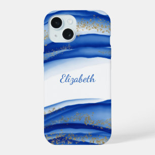 Coque iPhone 15 Aquarelle d'encre blanche bleu or personnalisée