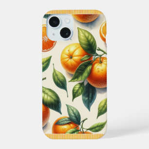 Coque iPhone 15 Aquarelle Feuilles d'Orange Citronnées Mariage