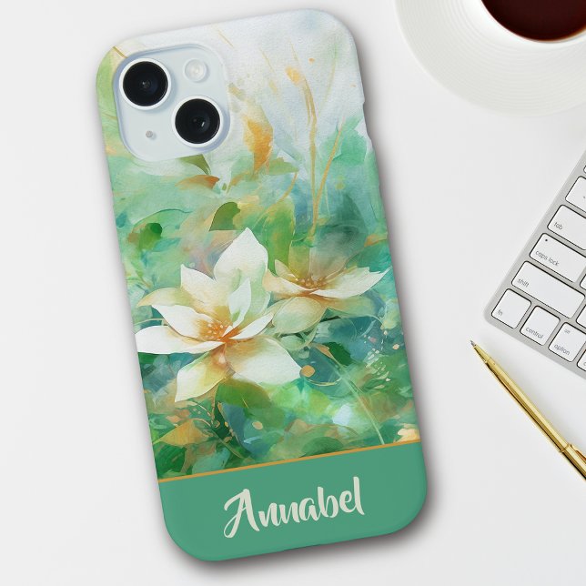 Coque iPhone 15 Aquarelle fleurie personnalisée Vert (Créateur téléchargé)