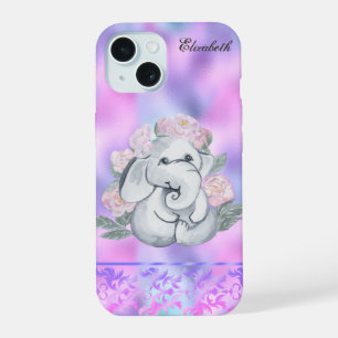 Coque iPhone 15 Aquarelle Fleurs Éléphant Holographique
