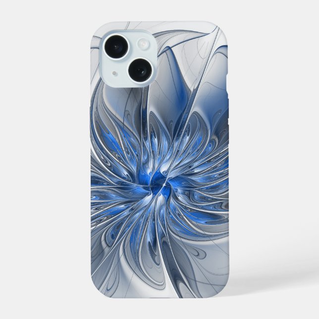 Coque iPhone 15 Aquarelle gris bleu Abstrait Fractal Art Flower (Verso)