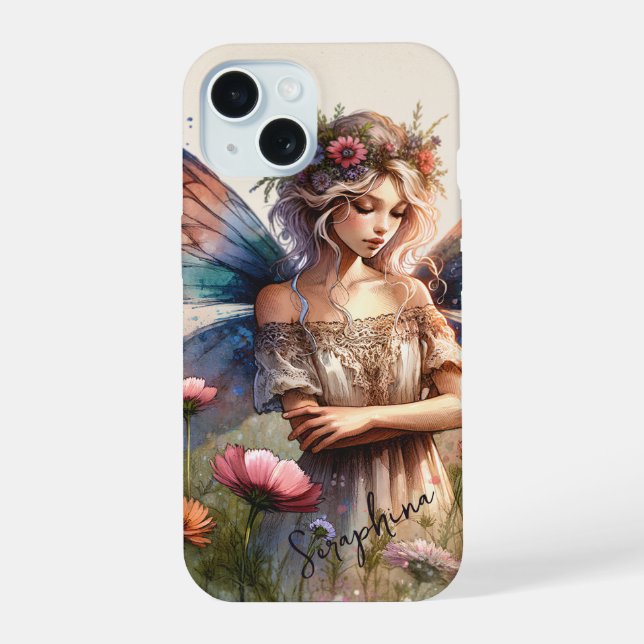 Coque iPhone 15 Aquarelle Imaginaire Fée avec nom personnalisé (Verso)