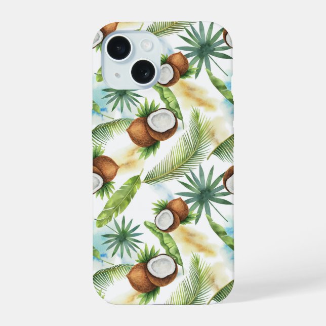 Coque iPhone 15 Aquarelle Motif de noix de coco tropicale (Verso)