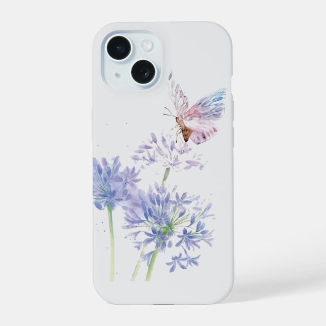 Coque iPhone 15 Aquarelle Papillon Jardin Fleurs Art (Verso)