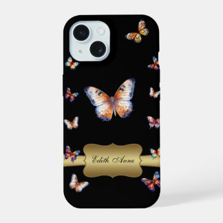 Coque iPhone 15 Aquarelle Papillon Or Monogramme personnalisé