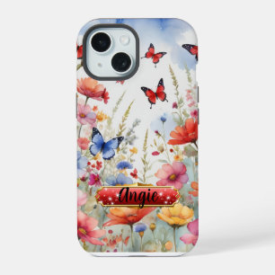 Coque iPhone 15 Aquarelle Papillons rouges et bleus et fleurs