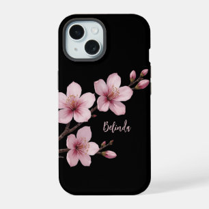 Coque iPhone 15 Aquarelle rose cerisier noir Monogramme en fleurs
