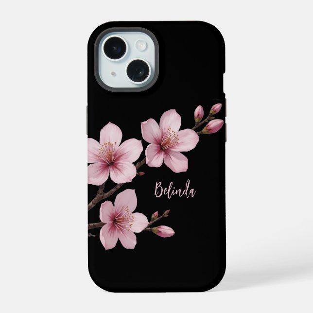 Coque iPhone 15 Aquarelle rose cerisier noir Monogramme en fleurs (Verso)
