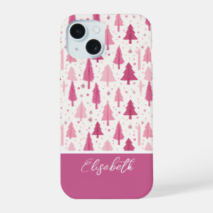 Coque iPhone 15 Aquarelle rose Motif Arbre de Noël