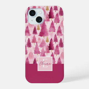 Coque iPhone 15 Aquarelle rose Motif Arbre de Noël
