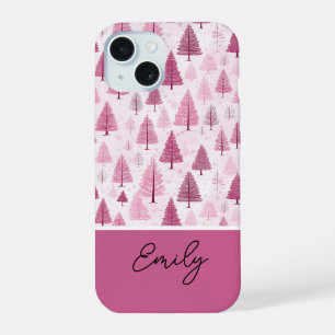 Coque iPhone 15 Aquarelle rose Motif Arbre de Noël