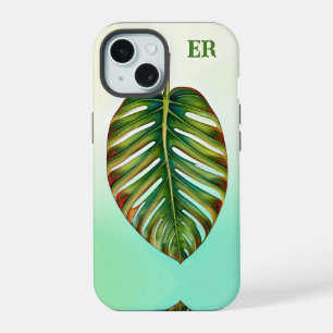 Coque iPhone 15 Aquarelle Vert Turquoise Rouge Tropical Feuille Mo