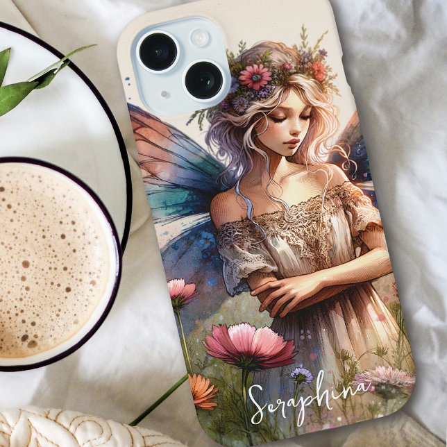 Coque iPhone 15 Aquarelle Whimsical Fairy avec nom personnalisé (Créateur téléchargé)