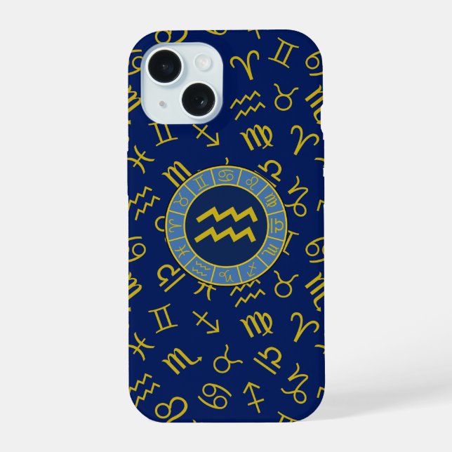 Coque iPhone 15 Aquarius Zodiac+Astrologie Symboles Ptn Gold+Blues (Verso)