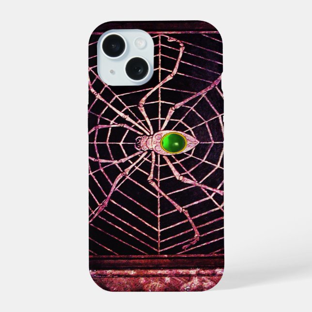 Coque iPhone 15 ARAIGNÉE ET TOILE Émeraude verte Gemme Noire (Verso)