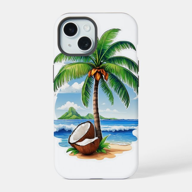 Coque iPhone 15 Arbre de noix de coco île tropicale (Verso)