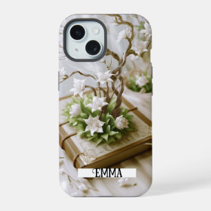 Coque iPhone 15 Arbre en fleurs poussant à partir d'un livre Nom p