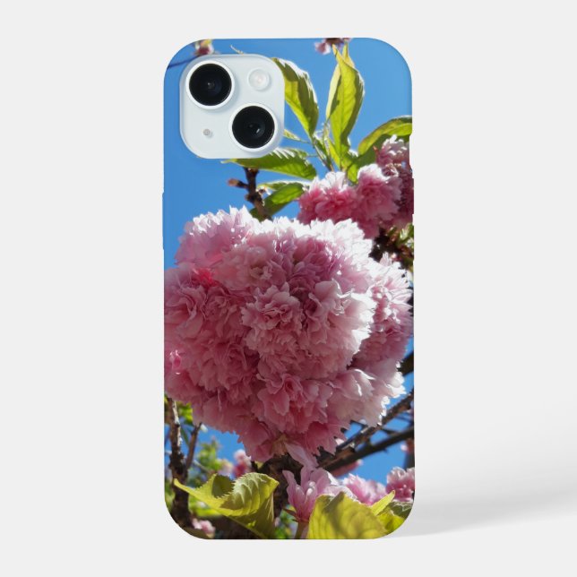 Coque iPhone 15 Arbre en fleurs rose cerise sauvage (Verso)
