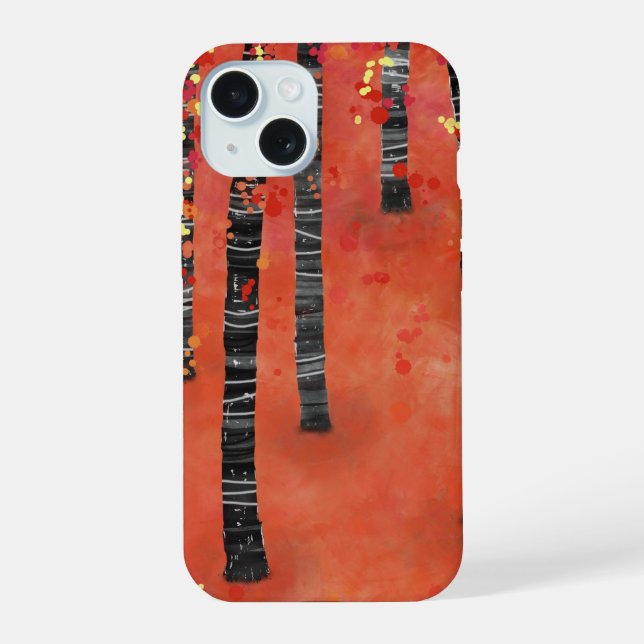 Coque iPhone 15 Arbre forestier Rouge Abstrait (Verso)