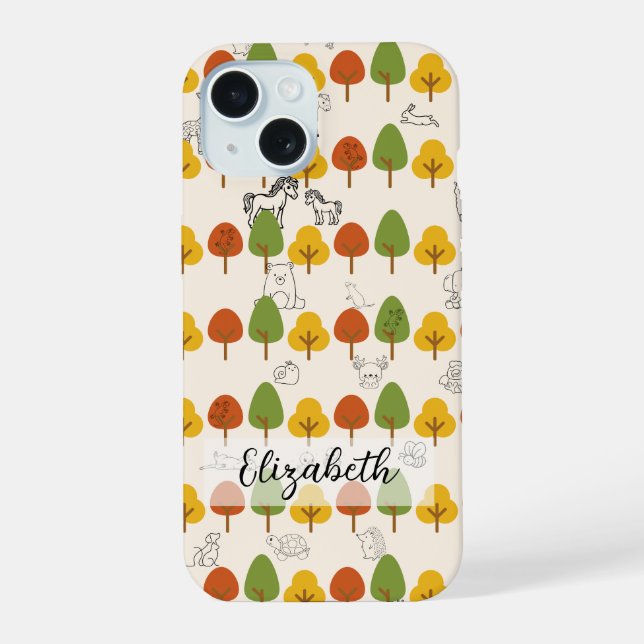 Coque iPhone 15 Arbres d'automne avec des animaux d'art (Verso)