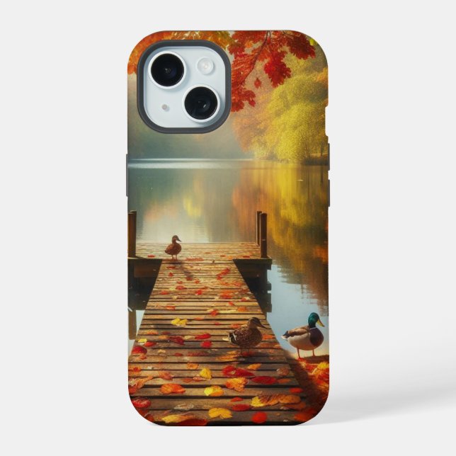 Coque iPhone 15 Arbres d'automne & lac avec canards (Verso)
