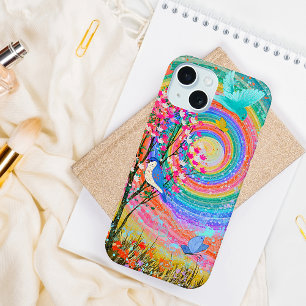 Coque iPhone 15 Arc-en-ciel coloré Fleur sauvage Oiseaux Papillons